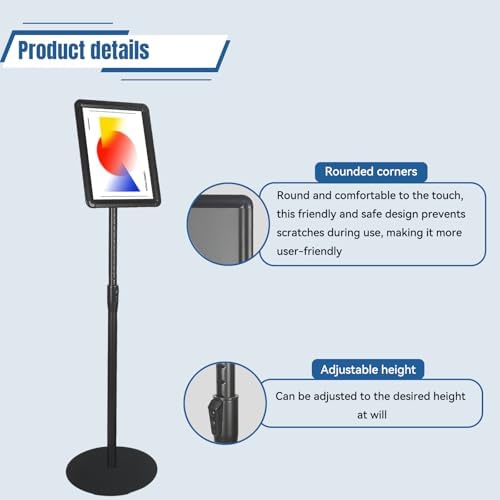HUAZI Sign Stand Holder 8.5×11-Inch Adjustable Floor Standing with Heavy Duty Base, Both Vertical & Horizontal View Displayed,Snap-Open Frame with Round Safety Corner for Indoor Outdoor,Black, 1PACK