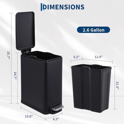 PrecisionAuto Slim Bathroom Trash Can with Soft Close Lid, 10 Liter / 2.6 Gallon Stainless Steel Step Garbage Can with Removable Inner Bucket, Narrow Trash Bin for Toilet Bedroom Kitchen, Black