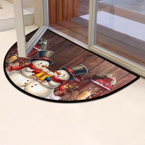 Christmas Snowman Half Round Door Mat Non Slip Washable Xmas Semi Circle Area Rug Absorbent Soft Decoration Half Moon Rug Floor Mat for Indoor Kitchen Bathroom Patio Front Door Mat Decor