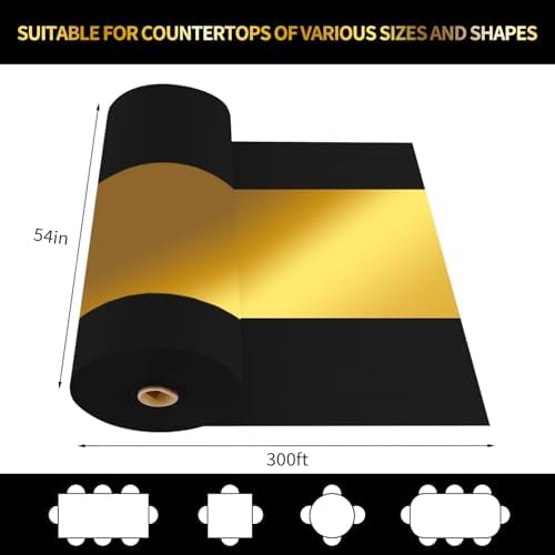 CXPSINC 54 Inch X 300 Feet Plastic Table Cover Roll Disposable Tablecloth with Slide Cutter for All Type/Shape Tables | Party, Banquet, Birthdays, Weddings(Black & Glod,300 Feet)