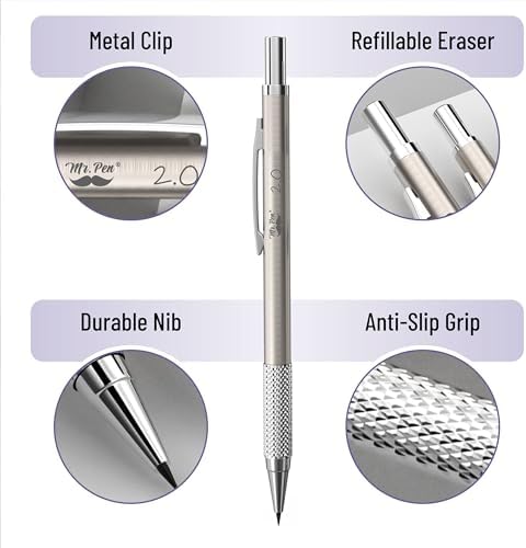 Mr. Pen- Metal Mechanical Pencil in Leather Case, 5 Pack, 5 Sizes, 0.3, 0.5