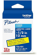 Brother Genuine P-Touch TZE-631 Tape, 1/2" (0.47") Black on Yellow, Laminated for Indoor or Outdoor Use, Water Resistant, 26.2 Feet (8M), Single-Pack