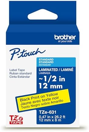 Brother Genuine P-Touch TZE-631 Tape, 1/2" (0.47") Black on Yellow, Laminated for Indoor or Outdoor Use, Water Resistant, 26.2 Feet (8M), Single-Pack