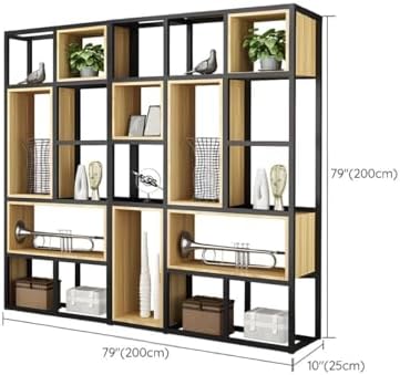 Wood Industrial Cube Bookcase with Shelves & Open Back Iron Bookshelf Floor Steel & Wood Shelf Multi-Layer Shelf Storage Rack Office Partition Display Rack Natural 78.7" L x 9.8" W x 78.7" H