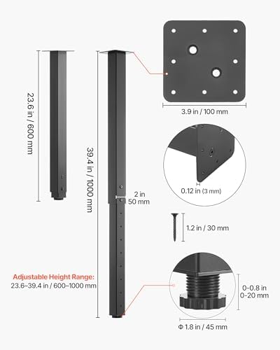 VEVOR Adjustable Table Legs, 24-40 in Square Steel Furniture Legs, 1200 lbs Max Load Heavy Duty, Quick Installation, Ideal for Home Office Desk DIY, Coffee Dinner Bar Tables, Workbenches, 4 PCS, Black