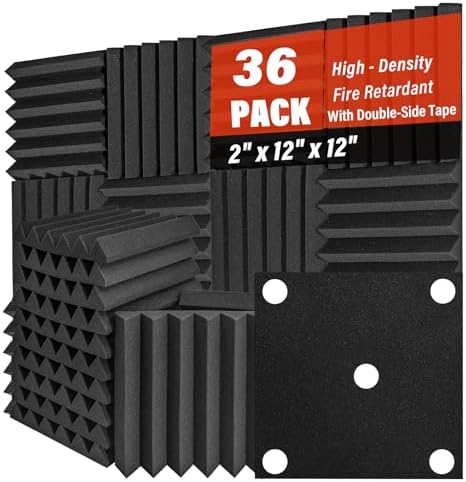 36 Pack Acoustic Foam Panels 2" x 12" x 12" Sound Proof Foam Panles Saiqiang Soundproofing Noise Absorbing Wedge Black Panels for Wall Studio Foams with Double-Side Adhesive