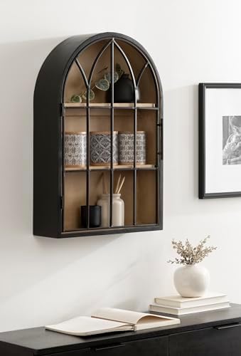 Kate and Laurel Megara Decorative Wooden Hanging Arched Wall Cabinet with Door for Open Storage; 16 x 6 x 24; Black and Natural Wood; Wooden Floating Wall Bathroom Cabinet for Above Toilet Storage