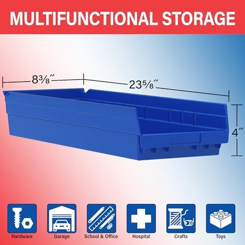 Akro-Mils 30184 Heavy Duty Plastic Shelf Bins, 24"x 8"x 4", Red, 6-Pack
