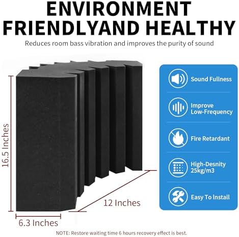 Focusound 4 Pack Bass Traps Corner Acoustic Foam Corner 16.5" X 6.3" X 12" Acoustic Foam Panels Soundproof Padding Wall Panel Corner Block for Home Studio and Theater