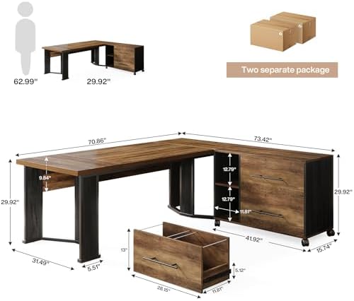 Tribesigns 70.86" Executive Desk with Mobile File Cabinet, Large L Shaped Computer Office Desk with 2 Drawers and Storage Shelves, Business Furniture Desk Workstation for Home Office (Rustic Brown)