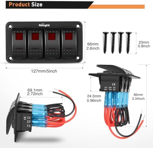 Nilight 4 Gang Rocker Switch Panel SPST On Off 5PIN Electrical Toggle Red