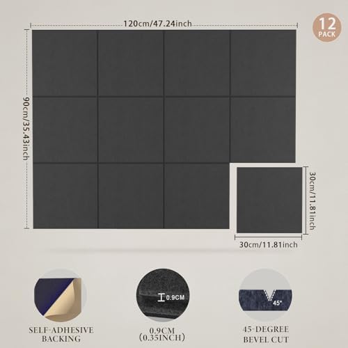JBER Large Felt Bulletin Board 48" x 36", 12 Pack Felt Wall Tiles, Black