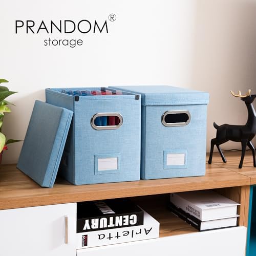 PRANDOM File Organizer Box - Set of 2 Collapsible Decorative Linen Filing Storage Hanging File Folders with Lids Office Cabinet Letter Size Blue (14x9.3x10.8 inch)