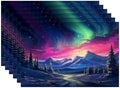 Batmerry Winter New Year Linen Placemats Set of 6, Aurora-s Pink Skies Snowy Mountains Washable Table Mats for Kitchen Table Thickened Heat Insulation Dining Set Indoor Outdoor 12X18 in