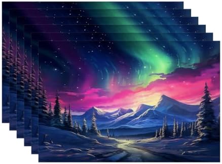 Batmerry Winter New Year Linen Placemats Set of 6, Aurora-s Pink Skies Snowy Mountains Washable Table Mats for Kitchen Table Thickened Heat Insulation Dining Set Indoor Outdoor 12X18 in