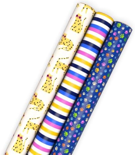 Hallmark Cat Wrapping Paper, 3 Rolls (Cheetah, Stripes, Paw Prints)