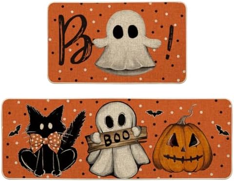 Artoid Mode Ghost Boo Orange Halloween Kitchen Mats Set of 2-17x29+17x47