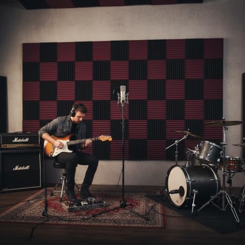 52 Pack Black/burgundy12 "X 12 "X1" Acoustic Panels Studio Soundproofing Foam Wedge Tiles(Accompanied By Double-Sided Adhesive Tape)