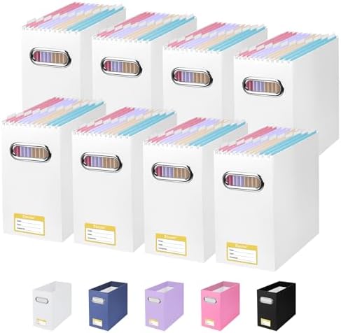 BALEINE 8PK File Organizer Box, Cardboard File Folder Organizer with Handle | Strong Corrugated Paper Core, Label Stickers for Identification, Hanging File Folder Organizer, Home Office Document Storage