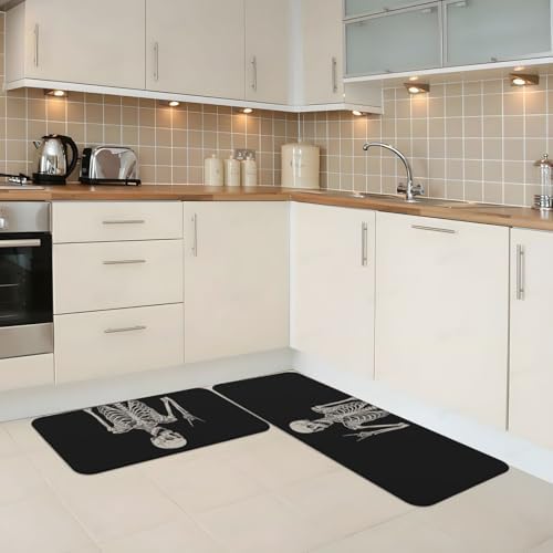 Skull Smile Kitchen Floor Mat Set of 2, Non Slip Rugs Absorbent Mats for Floor Countertop Office Home, Rock and Roll Indoor Outdoor Decor Doormat 17" x 29.5" + 17" x 47"