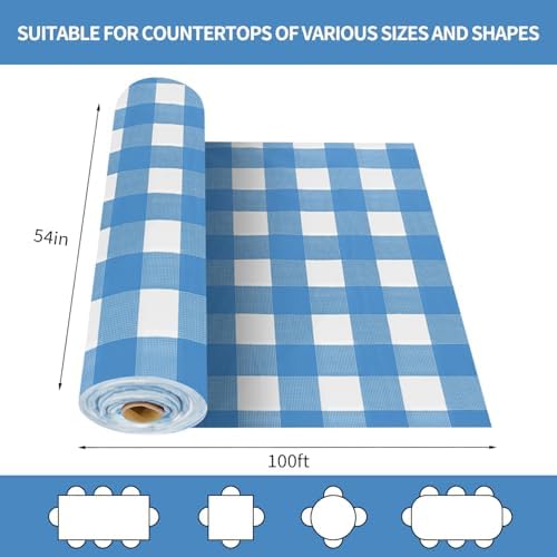 CXPSINC 54 Inch X 100 Feet Plastic Table Cover Roll Disposable Tablecloth with Slide Cutter for All Type/Shape Tables | Party, Banquet, Birthdays, Weddings(Blue Checkered, 100 Feet)