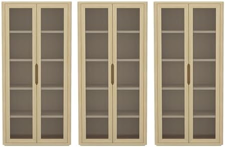 Manhattan Comfort Rivington 5-Shelf Bookcase 79" Tall Modern Bookshelf with Soft Close Glass Doors, Adjustable Fit, Handle-Free, Storage Cabinet for Living Room, Bedroom, Office, Set of 3, Natural Oak