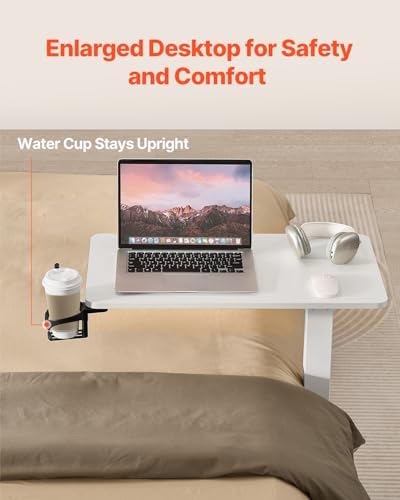 VEVOR Overbed Table, Over Bed Table with Wheels Adjustable Height, Mobile Hospital Bed Table, Rolling Laptop Desk with Fixed Top & Cup Holder, Portable Over Bed Desk for Home, Office, Study, White