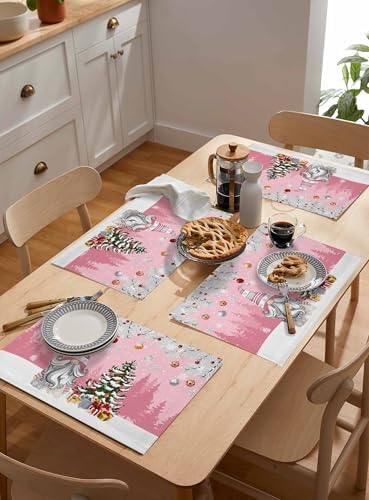 Christmas Gnome Placemats Set of 6, Winter Merry Christmas Tree Balls Heat Resistant Washable Table Place Mats Pink Cotton Table Linens Party Holiday Decor for Kitchen Dining Outdoor Indoor