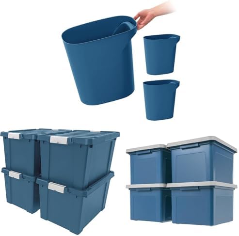 Bundle of IRIS USA 6 Gallon Plastic Wastebasket 3-Pack + 20 Gallon Lockable Storage Bins 4-Pack + 35 Qt File Box 4-Pack Eco Friendly Sustainable, Navy Made with Recycled Materials