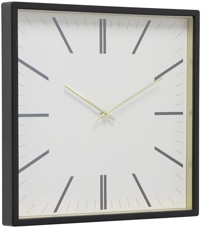 Forma Square Modern Wall Clock, 16" Minimalist Black Frame with Gold Trim, Quartz Movement, Glass Face, Contemporary Indoor Wall Décor