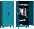 Washsemba 71'' Farmhouse Metal Wardrobe Cabinet with Hanging Rod, 2 Barn Door Wardrobe Closet with 2 Adjustable Shelves,for Dining Room,Bedroom,Living Room, Cloak Room,Office (Peacock Blue)