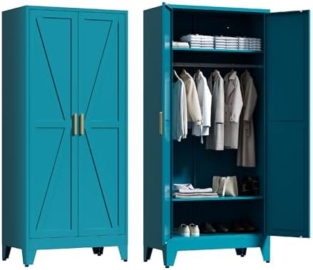 Washsemba 71'' Farmhouse Metal Wardrobe Cabinet with Hanging Rod, 2 Barn Door Wardrobe Closet with 2 Adjustable Shelves,for Dining Room,Bedroom,Living Room, Cloak Room,Office (Peacock Blue)