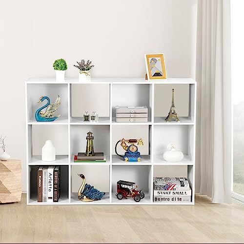 12 Cube Storage Shelf Organizer, Wood Bookshelf Organization Unit, Cube Shelves for Home Office Bedroom Living Room, White