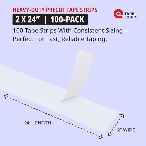 Tape Logic Heavy Duty 2" x 24" Clear Carton Sealing Tape Strips (100-Pack) | Strong Precut Clear Packing Tape Strips Ideal for Shipping & Moving Boxes