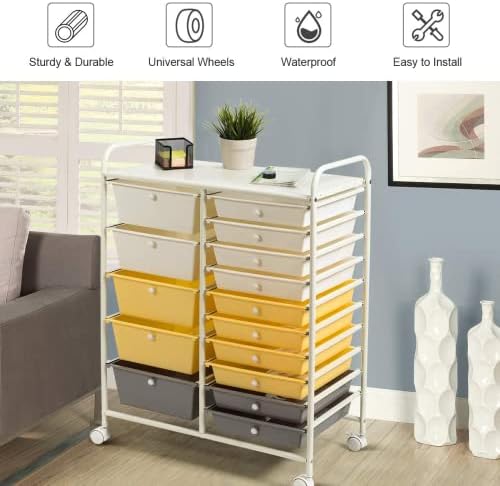 COSTWAY 15 Drawer Rolling Storage Cart, Mobile Utility Cart with Lockable Wheels, Drawers, Multipurpose Organizer Cart for Home, Office, School, Yellow