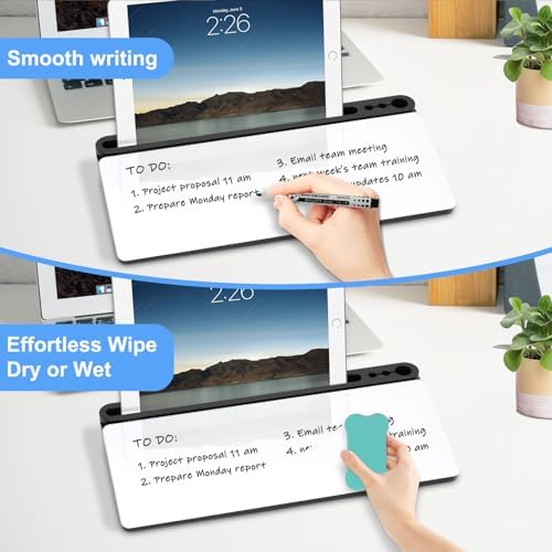 Desktop Glass Whiteboard with Storage, Desk Dry Erase White Board Stand
