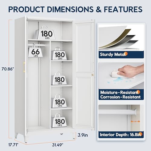 UNICOLY 71"Metal Wardrobe Closet,Armoire Wardrobe Cabinet with Locking Door