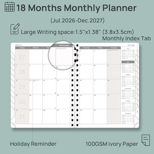 POPRUN 2026-2027 Monthly Planner, 6.5" x 8.5" Agenda, 18 Month Calendar