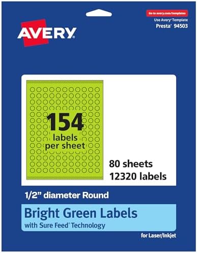Avery Printable Round Labels, Sure Feed Technology, 1/2" Diameter, Bright Green Labels, Print-to-the-Edge, Laser/Inkjet, 12,320 Total, Great for Price Stickers and Mailing Seals