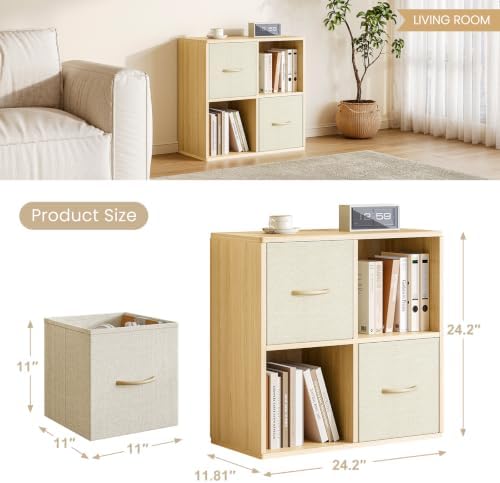 EXPERLAM 4 Cube Storage Organizer - Solid Wood Bookshelf with 2 Storage Bins, Cube Shelf with 2 Removable Back Panels, Vertical or Horizontal Bookcase, Open Book Shelf for Bedroom, Living Room, Office