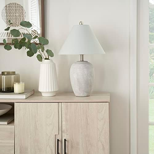 Nourison Home 23" Grey Vintage Distressed Ceramic Pot Table Lamp for Bedroom, Living Room, End Table, with Grey Conical Empire Shade