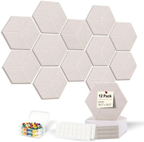 12-Pack Hexagon Cork Board Alternative for Walls Decor, 38.2" x 38.2" Large Felt Bulletin Board, with Pushpins, Damage-Free Adhesives, Thick Pin Board for Office, Home (Oatmeal)