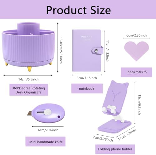 Office Supplies,Purple Desk Accessories,Desk Organizer,Stapler,Tape Dispenser,Folding Phone Stand,Scissors,Notebook,Staple Remover,Staples,Clear Tape,Sticky Notes,Clips,Cool Pen,Bookmark,Ect.22pcs