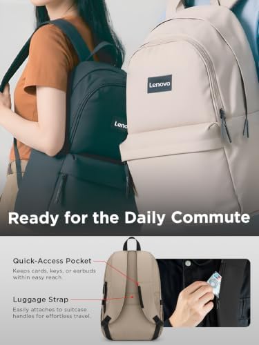 Lenovo 16-inch Commuter Backpack B10, Lightweight 30L Laptop Backpack, Water-Resistant Travel Bag with 6 Storage Compartments, Anti-Theft Pocket & Luggage Strap, Fits Up to 16" Laptop, Khaki