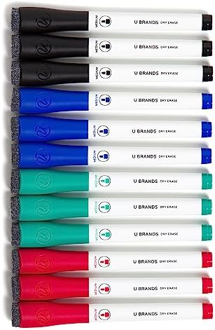 U Brands Dry Erase Markers with Eraser, Whiteboard Markers, Low Odor, Set of 12 (Assorted, Medium Point)