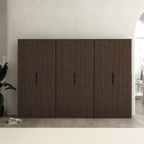 Manhattan Comfort Rivington Bookshelf 79 in Tall 5-Tier Bookcase, Modern Soft Close Storage Cabinet, Handle-Free, Round Corner Design for Living Room, Bedroom, or Home Office, Set of 3 in Walnut