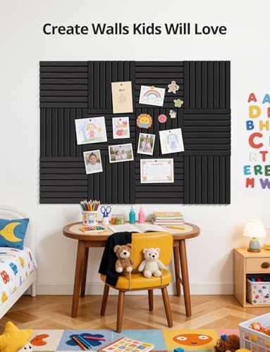 Kuchoow Felt Bulletin Board Tiles Self Adhesive Pin Cork Board Alternative for Wall, Large Panels 48"×36" 12 Pack Black Corkboard Memo Vision Display Photo Organizer for Office Home Classroom