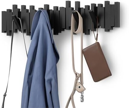 Umbra Sticks Wall Coat Rack, Wall Mount 8 Retractable Hooks, Black