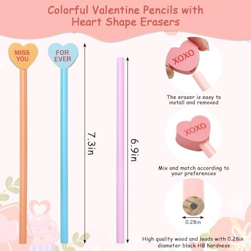 Whaline 120Pcs Valentine's Day Pencils with Eraser 60Pcs Conversation Heart Pencils with 60Pcs Heart Erasers Pastel Wooden Hearts Pencil for School Classroom Rewards Supplies