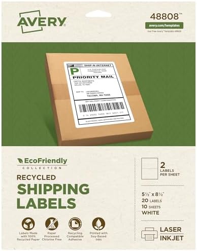 Avery® EcoFriendly Recycled Shipping Labels, 5.5" x 8.5" Half-Sheet Labels, White, Permanent Adhesive, Laser & Inkjet Printers, 20 Total, Great for Mailing, Product Merchandising, and More (48808)